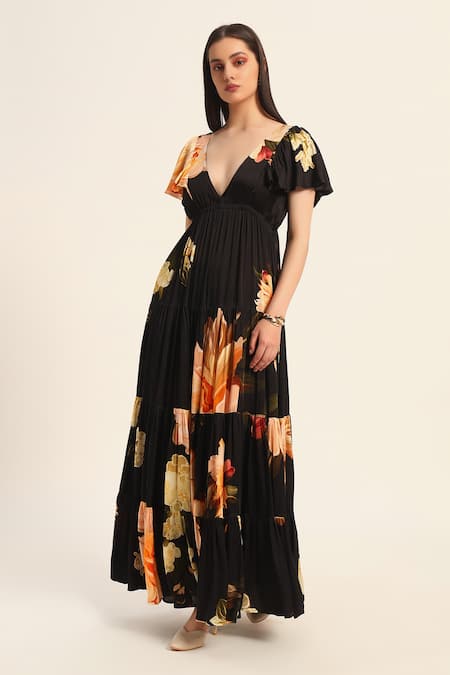 Ruhr India Black Satin V-neck Floral Print Maxi Dress at Aza Fashions Ruhr India_Black Satin V-neck Floral Print Maxi Dress _at_Aza_Fashions
