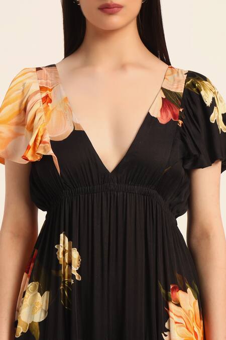 Buy Ruhr India Black Satin V-neck Floral Print Maxi Dress Buy_Ruhr India_Black Satin V-neck Floral Print Maxi Dress
