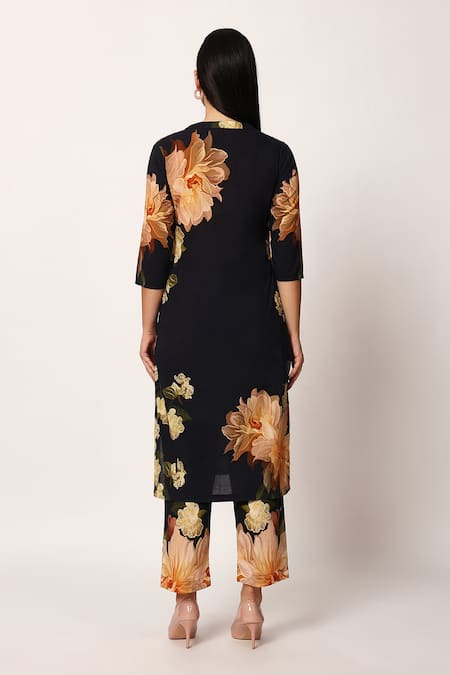 Shop Ruhr India Black Cotton Split V-neck Floral Print Kurta Set at Aza Fashions Shop_Ruhr India_Black Cotton Split V-neck Floral Print Kurta Set _at_Aza_Fashions