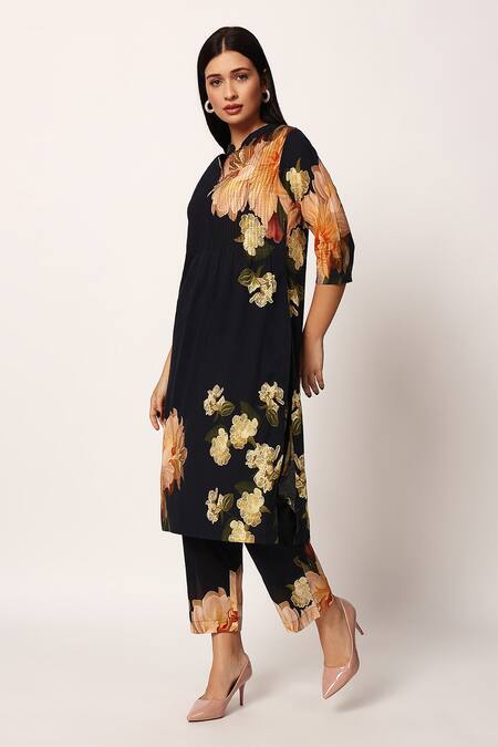 Shop Ruhr India Black Cotton Split V-neck Floral Print Kurta Set Online at Aza Fashions Shop_Ruhr India_Black Cotton Split V-neck Floral Print Kurta Set _Online_at_Aza_Fashions