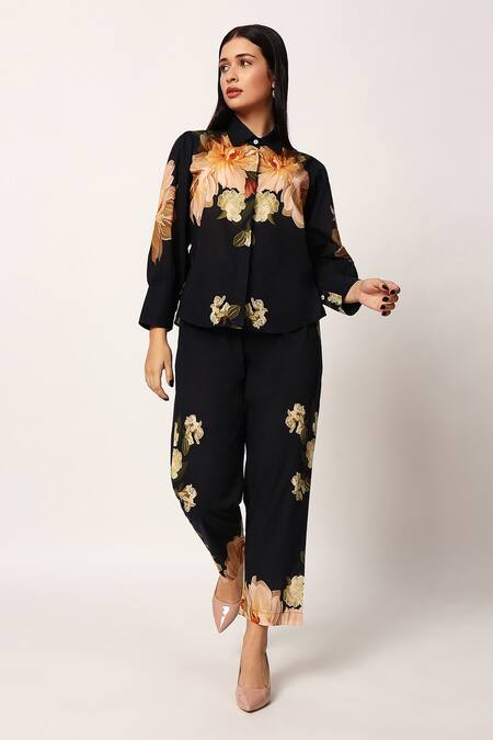 Buy_Ruhr India_Black Cotton Collared Floral Print Yuri Coord Set _Online_at_Aza_Fashions