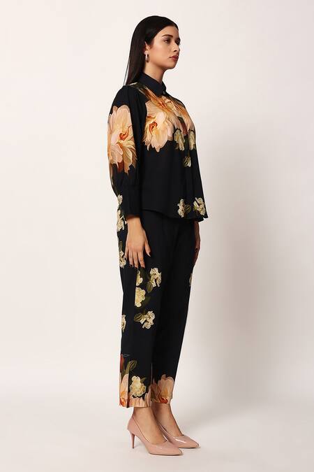 Shop_Ruhr India_Black Cotton Collared Floral Print Yuri Coord Set _Online_at_Aza_Fashions