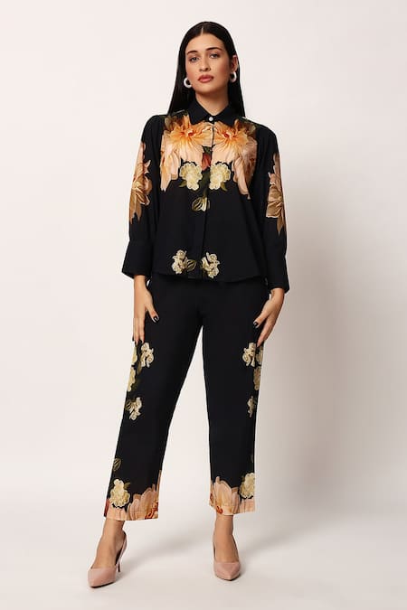 Ruhr India Black Cotton Collared Floral Print Yuri Coord Set 