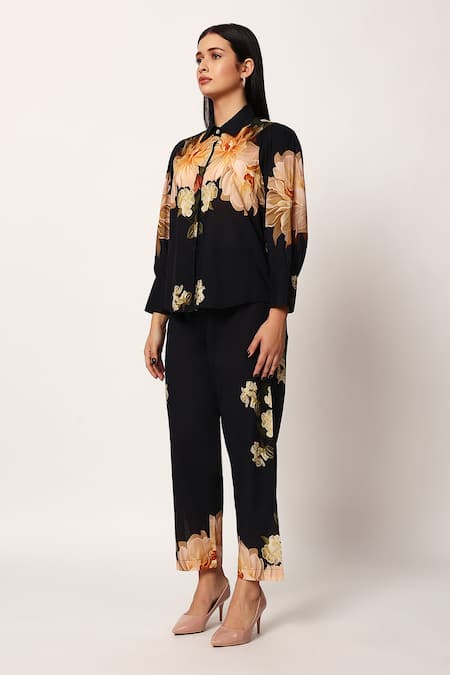 Ruhr India_Black Cotton Collared Floral Print Yuri Coord Set _at_Aza_Fashions