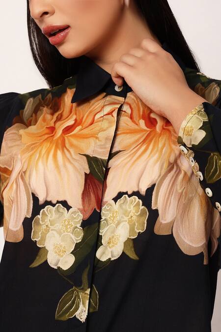 Buy_Ruhr India_Black Cotton Collared Floral Print Yuri Coord Set 