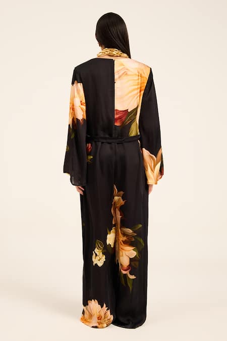 Shop Ruhr India Black Satin V-neck Floral Print Jumpsuit at Aza Fashions Shop_Ruhr India_Black Satin V-neck Floral Print Jumpsuit _at_Aza_Fashions