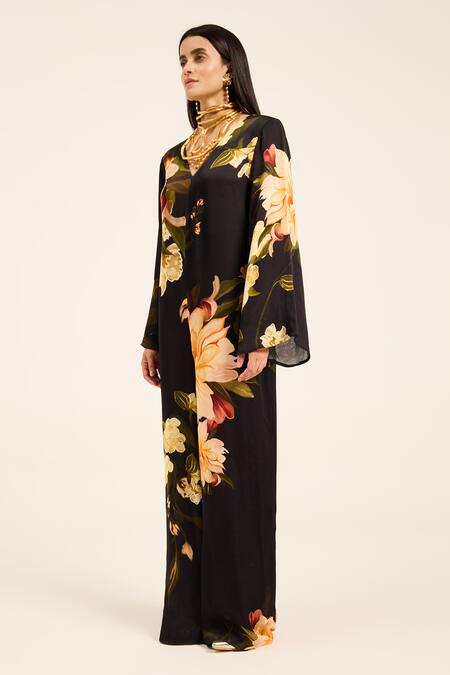 Ruhr India Black Satin V-neck Floral Print Jumpsuit Online at Aza Fashions Ruhr India_Black Satin V-neck Floral Print Jumpsuit _Online_at_Aza_Fashions