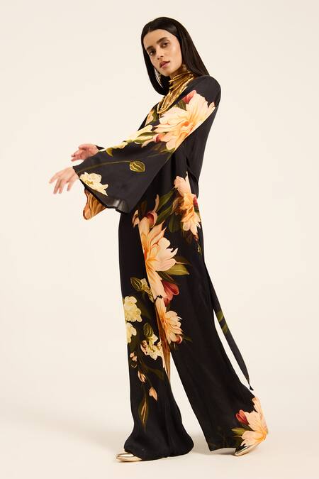 Buy Ruhr India Black Satin V-neck Floral Print Jumpsuit Online at Aza Fashions Buy_Ruhr India_Black Satin V-neck Floral Print Jumpsuit _Online_at_Aza_Fashions