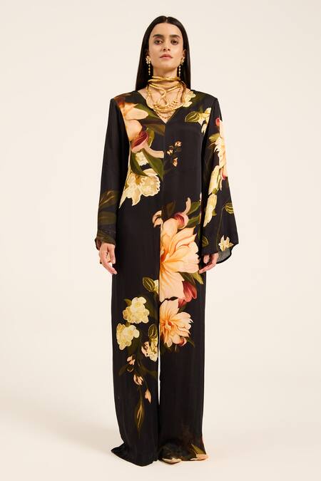 Shop Ruhr India Black Satin V-neck Floral Print Jumpsuit Online at Aza Fashions Shop_Ruhr India_Black Satin V-neck Floral Print Jumpsuit _Online_at_Aza_Fashions