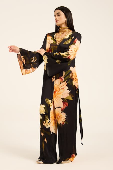 Ruhr India Black Satin V-neck Floral Print Jumpsuit 