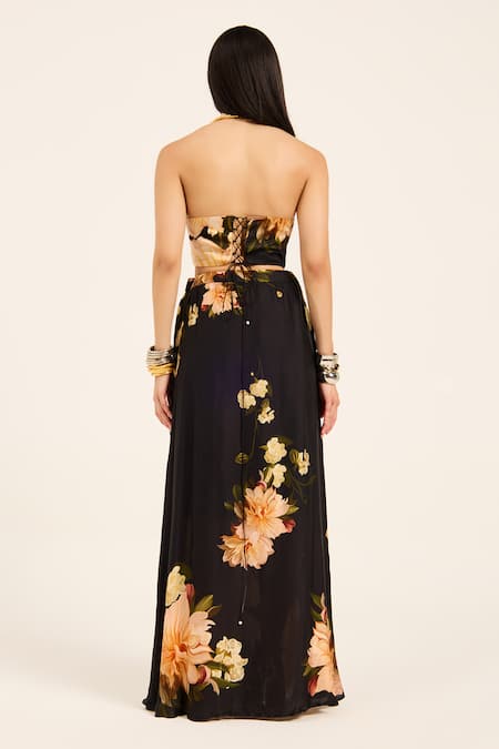 Shop Ruhr India Black Satin Asymmetric Floral Crop Top And Dhoti Skirt Set at Aza Fashions Shop_Ruhr India_Black Satin Asymmetric Floral Crop Top And Dhoti Skirt Set _at_Aza_Fashions