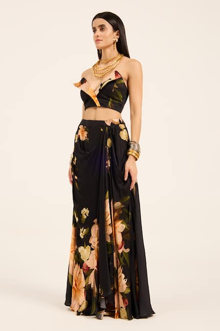 Ruhr India Black Satin Asymmetric Floral Crop Top And Dhoti Skirt Set Online at Aza Fashions Ruhr India_Black Satin Asymmetric Floral Crop Top And Dhoti Skirt Set _Online_at_Aza_Fashions