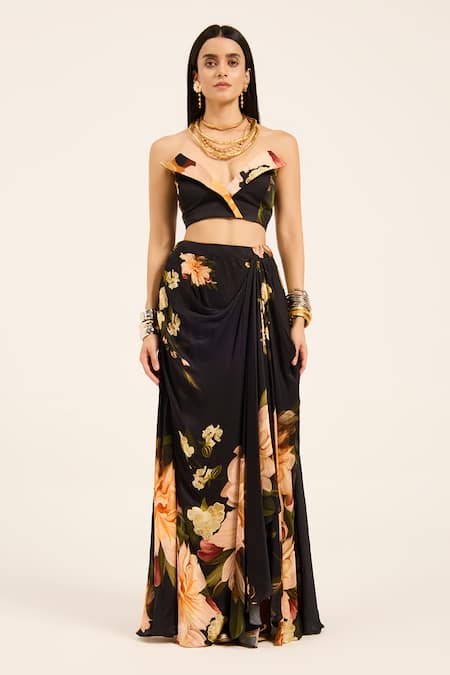 Shop Ruhr India Black Satin Asymmetric Floral Crop Top And Dhoti Skirt Set Online at Aza Fashions Shop_Ruhr India_Black Satin Asymmetric Floral Crop Top And Dhoti Skirt Set _Online_at_Aza_Fashions