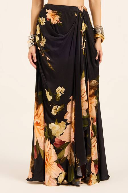 Ruhr India Black Satin Asymmetric Floral Crop Top And Dhoti Skirt Set at Aza Fashions Ruhr India_Black Satin Asymmetric Floral Crop Top And Dhoti Skirt Set _at_Aza_Fashions