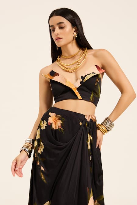 Buy Ruhr India Black Satin Asymmetric Floral Crop Top And Dhoti Skirt Set Buy_Ruhr India_Black Satin Asymmetric Floral Crop Top And Dhoti Skirt Set