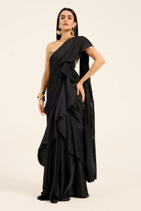 Ruhr India Black Satin, Lycra Mirrors, Beads, Sequins Hand-embroidered Kali Saree Set
