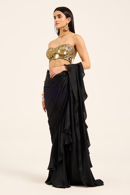 Buy Ruhr India Black Satin, Lycra Mirrors, Beads, Sequins Hand-embroidered Kali Saree Set Online at Aza Fashions Buy_Ruhr India_Black Satin, Lycra Mirrors, Beads, Sequins Hand-embroidered Kali Saree Set _Online_at_Aza_Fashions
