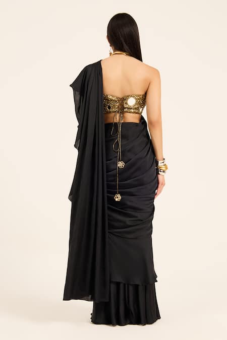 Shop Ruhr India Black Satin, Lycra Mirrors, Beads, Sequins Hand-embroidered Kali Saree Set at Aza Fashions Shop_Ruhr India_Black Satin, Lycra Mirrors, Beads, Sequins Hand-embroidered Kali Saree Set _at_Aza_Fashions