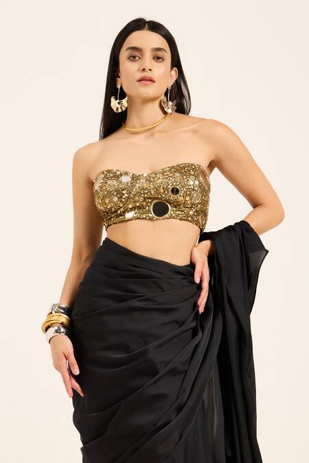 Shop Ruhr India Black Satin, Lycra Mirrors, Beads, Sequins Hand-embroidered Kali Saree Set Online at Aza Fashions Shop_Ruhr India_Black Satin, Lycra Mirrors, Beads, Sequins Hand-embroidered Kali Saree Set _Online_at_Aza_Fashions