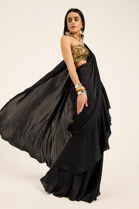 Ruhr India Black Satin, Lycra Mirrors, Beads, Sequins Hand-embroidered Kali Saree Set at Aza Fashions Ruhr India_Black Satin, Lycra Mirrors, Beads, Sequins Hand-embroidered Kali Saree Set _at_Aza_Fashions