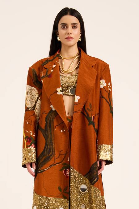 Ruhr India Rust Silk Mirrors, Beads, Sequins Orange Hand-embroidered Jacket Online at Aza Fashions Ruhr India_Rust Silk Mirrors, Beads, Sequins Orange Hand-embroidered Jacket _Online_at_Aza_Fashions