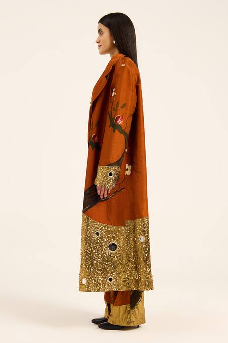 Shop Ruhr India Rust Silk Mirrors, Beads, Sequins Orange Hand-embroidered Jacket Online at Aza Fashions Shop_Ruhr India_Rust Silk Mirrors, Beads, Sequins Orange Hand-embroidered Jacket _Online_at_Aza_Fashions