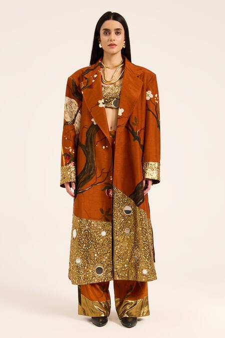 Ruhr India Rust Silk Mirrors, Beads, Sequins Orange Hand-embroidered Jacket at Aza Fashions Ruhr India_Rust Silk Mirrors, Beads, Sequins Orange Hand-embroidered Jacket _at_Aza_Fashions