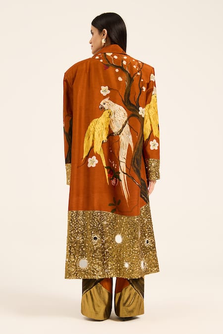 Shop Ruhr India Rust Silk Mirrors, Beads, Sequins Orange Hand-embroidered Jacket at Aza Fashions Shop_Ruhr India_Rust Silk Mirrors, Beads, Sequins Orange Hand-embroidered Jacket _at_Aza_Fashions