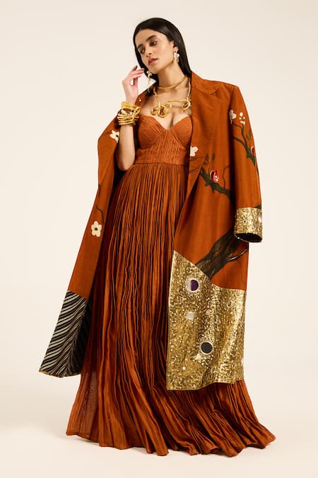 Ruhr India Rust Silk Mirrors, Beads, Sequins Orange Hand-embroidered Jacket 