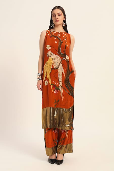 Ruhr India Rust Crepe Mirrors, Beads, Sequins, Zari Round Neck Spara Orange Kurta Set 