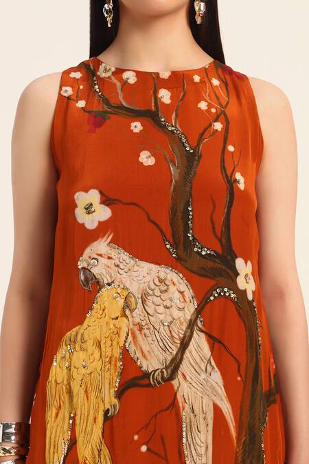 Ruhr India Rust Crepe Mirrors, Beads, Sequins, Zari Round Neck Spara Orange Kurta Set at Aza Fashions Ruhr India_Rust Crepe Mirrors, Beads, Sequins, Zari Round Neck Spara Orange Kurta Set _at_Aza_Fashions