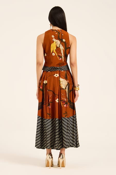 Shop Ruhr India Rust Silk Embroidery V-neck Orange Waistcoat And Skirt Set at Aza Fashions Shop_Ruhr India_Rust Silk Embroidery V-neck Orange Waistcoat And Skirt Set _at_Aza_Fashions