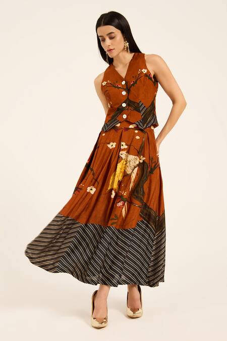 Buy Ruhr India Rust Silk Embroidery V-neck Orange Waistcoat And Skirt Set Online at Aza Fashions Buy_Ruhr India_Rust Silk Embroidery V-neck Orange Waistcoat And Skirt Set _Online_at_Aza_Fashions