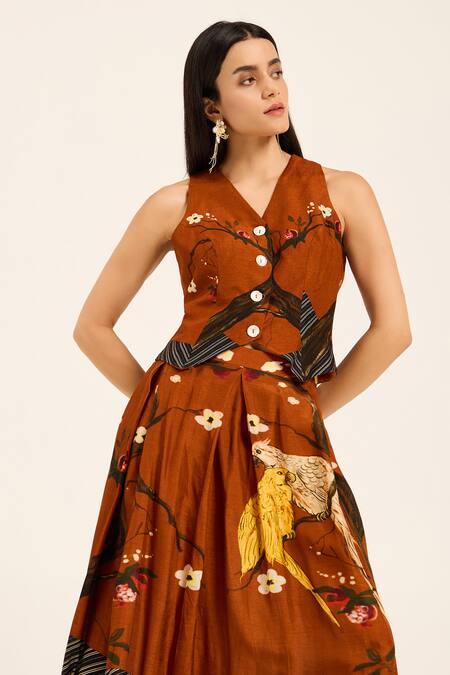 Shop Ruhr India Rust Silk Embroidery V-neck Orange Waistcoat And Skirt Set Online at Aza Fashions Shop_Ruhr India_Rust Silk Embroidery V-neck Orange Waistcoat And Skirt Set _Online_at_Aza_Fashions