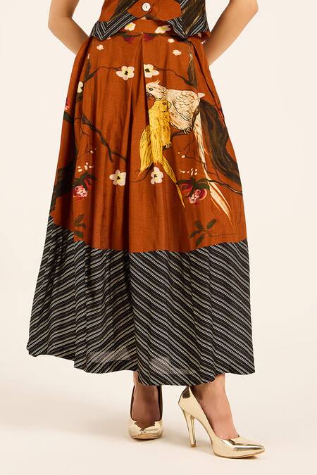 Ruhr India Rust Silk Embroidery V-neck Orange Waistcoat And Skirt Set at Aza Fashions Ruhr India_Rust Silk Embroidery V-neck Orange Waistcoat And Skirt Set _at_Aza_Fashions