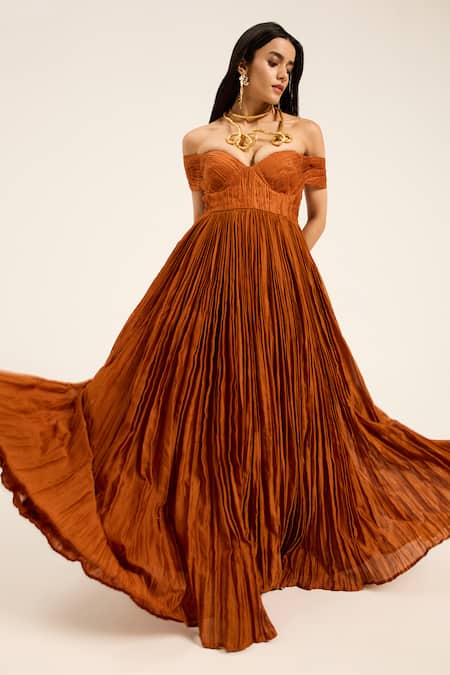 Ruhr India Rust Chanderi Silk Sweetheart Neck, Off-shoulder Orange Tara Dress Online at Aza Fashions Ruhr India_Rust Chanderi Silk Sweetheart Neck, Off-shoulder Orange Tara Dress _Online_at_Aza_Fashions