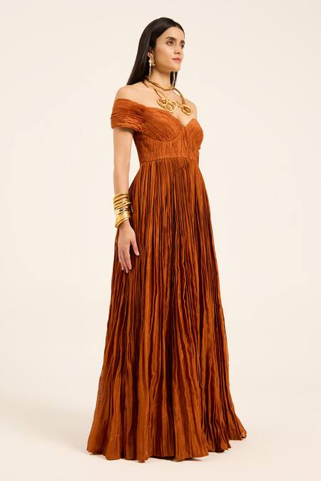 Buy Ruhr India Rust Chanderi Silk Sweetheart Neck, Off-shoulder Orange Tara Dress Online at Aza Fashions Buy_Ruhr India_Rust Chanderi Silk Sweetheart Neck, Off-shoulder Orange Tara Dress _Online_at_Aza_Fashions