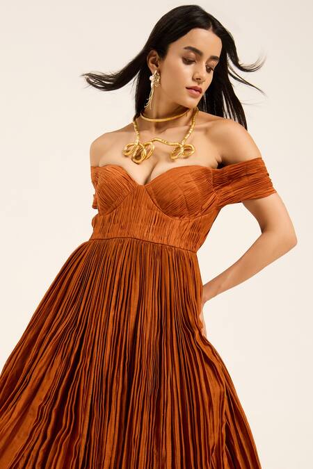 Shop Ruhr India Rust Chanderi Silk Sweetheart Neck, Off-shoulder Orange Tara Dress Online at Aza Fashions Shop_Ruhr India_Rust Chanderi Silk Sweetheart Neck, Off-shoulder Orange Tara Dress _Online_at_Aza_Fashions