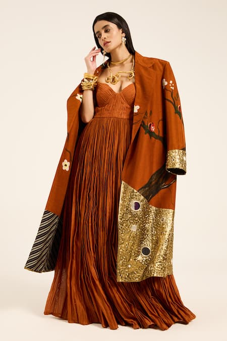 Ruhr India Rust Chanderi Silk Sweetheart Neck, Off-shoulder Orange Tara Dress at Aza Fashions Ruhr India_Rust Chanderi Silk Sweetheart Neck, Off-shoulder Orange Tara Dress _at_Aza_Fashions