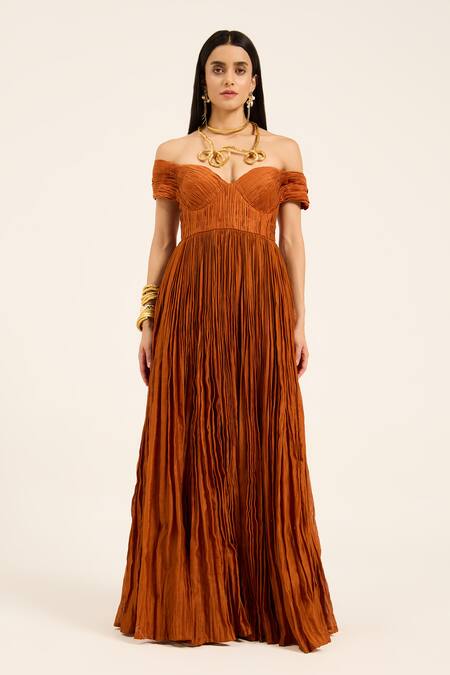 Buy Ruhr India Rust Chanderi Silk Sweetheart Neck, Off-shoulder Orange Tara Dress Buy_Ruhr India_Rust Chanderi Silk Sweetheart Neck, Off-shoulder Orange Tara Dress