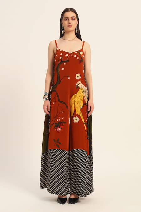 Shop_Ruhr India_Rust Crepe Scoop Neck Orange Kavya Jumpsuit _Online_at_Aza_Fashions