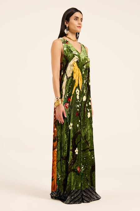 Ruhr India Green Silk, Velvet Embroidery V-neck Krutika Jumpsuit Online at Aza Fashions Ruhr India_Green Silk, Velvet Embroidery V-neck Krutika Jumpsuit _Online_at_Aza_Fashions