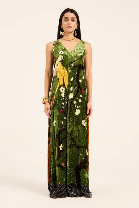 Buy Ruhr India Green Silk, Velvet Embroidery V-neck Krutika Jumpsuit Online at Aza Fashions Buy_Ruhr India_Green Silk, Velvet Embroidery V-neck Krutika Jumpsuit _Online_at_Aza_Fashions
