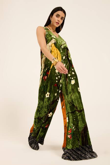 Shop Ruhr India Green Silk, Velvet Embroidery V-neck Krutika Jumpsuit Online at Aza Fashions Shop_Ruhr India_Green Silk, Velvet Embroidery V-neck Krutika Jumpsuit _Online_at_Aza_Fashions