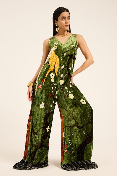 Ruhr India Green Silk, Velvet Embroidery V-neck Krutika Jumpsuit 