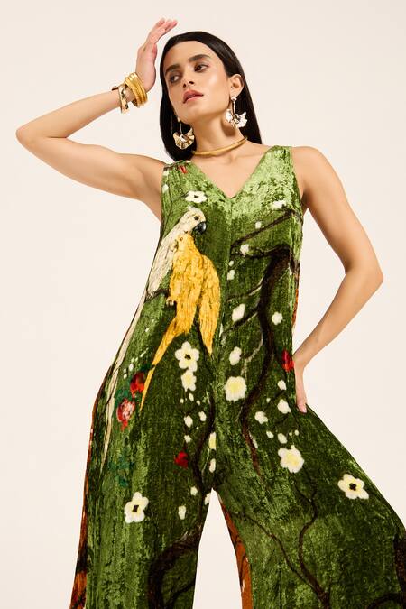 Buy Ruhr India Green Silk, Velvet Embroidery V-neck Krutika Jumpsuit Buy_Ruhr India_Green Silk, Velvet Embroidery V-neck Krutika Jumpsuit