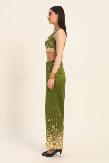 Ruhr India Green Chanderi Silk Mirrors, Beads, Sequins V-neck Bralette And Pant Set Online at Aza Fashions Ruhr India_Green Chanderi Silk Mirrors, Beads, Sequins V-neck Bralette And Pant Set _Online_at_Aza_Fashions