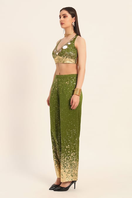 Buy Ruhr India Green Chanderi Silk Mirrors, Beads, Sequins V-neck Bralette And Pant Set Online at Aza Fashions Buy_Ruhr India_Green Chanderi Silk Mirrors, Beads, Sequins V-neck Bralette And Pant Set _Online_at_Aza_Fashions