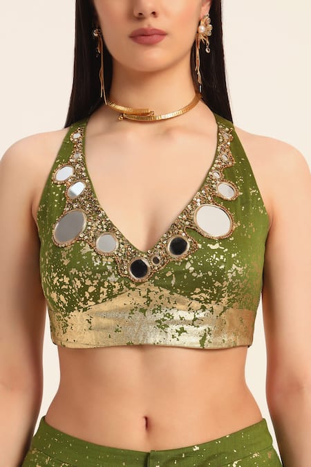Shop Ruhr India Green Chanderi Silk Mirrors, Beads, Sequins V-neck Bralette And Pant Set Online at Aza Fashions Shop_Ruhr India_Green Chanderi Silk Mirrors, Beads, Sequins V-neck Bralette And Pant Set _Online_at_Aza_Fashions