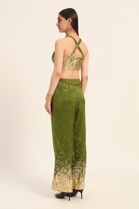Ruhr India Green Chanderi Silk Mirrors, Beads, Sequins V-neck Bralette And Pant Set at Aza Fashions Ruhr India_Green Chanderi Silk Mirrors, Beads, Sequins V-neck Bralette And Pant Set _at_Aza_Fashions